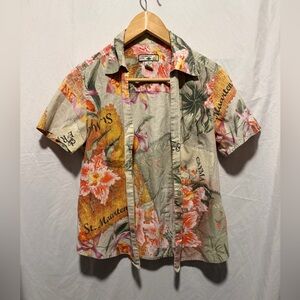 Caribbean Joe Beige Floral Hawaiian Button-Down Shirt with Orange Accents